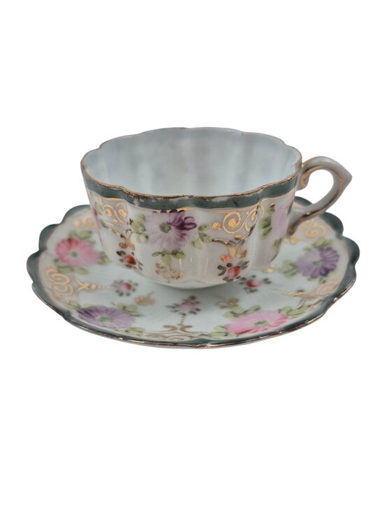 Other - Tea Cup Saucer Set Porcelain Pink Purple Floral Design Green Trim Gold Accents